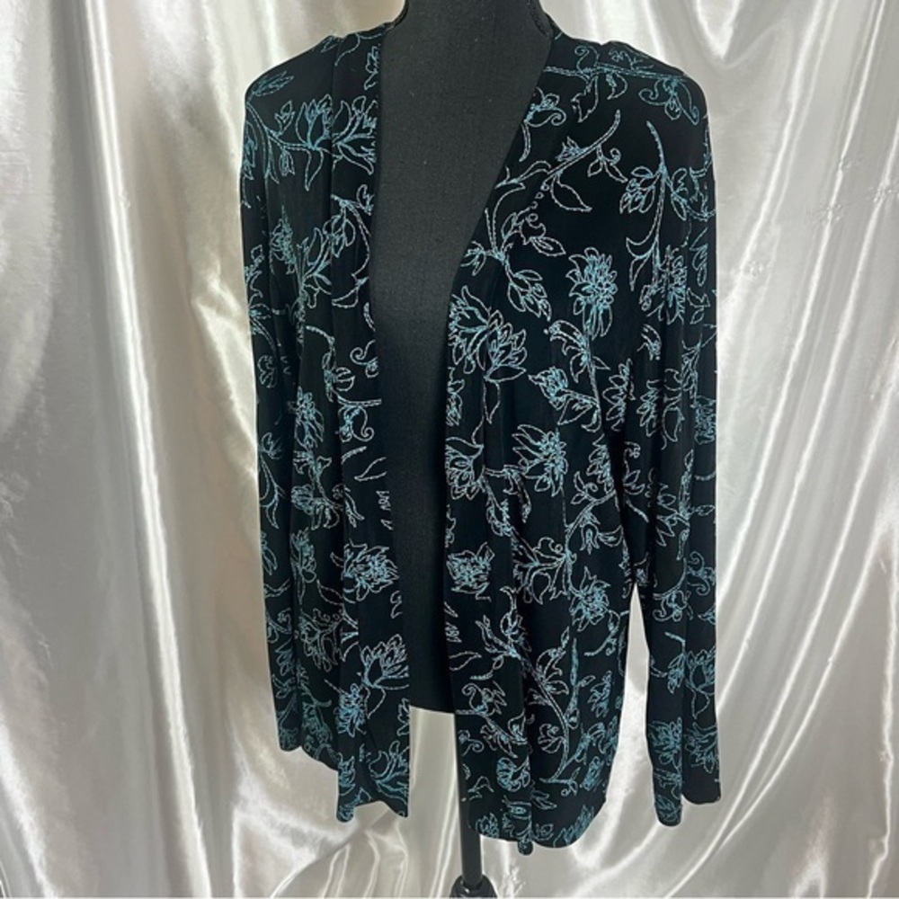 Vintage Made in Heaven Open Front Boho Cardigan – Black & Blue Floral 2X